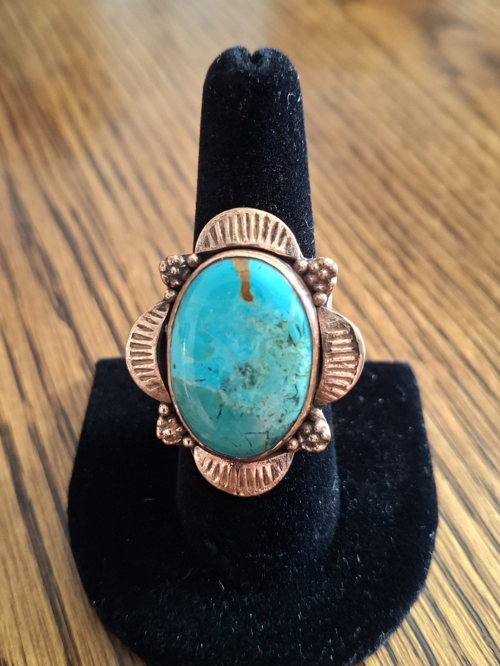 Ring Large Turquoise Stone Set In Copper Frame And Adjustable Wrap Band 7-8-9-10